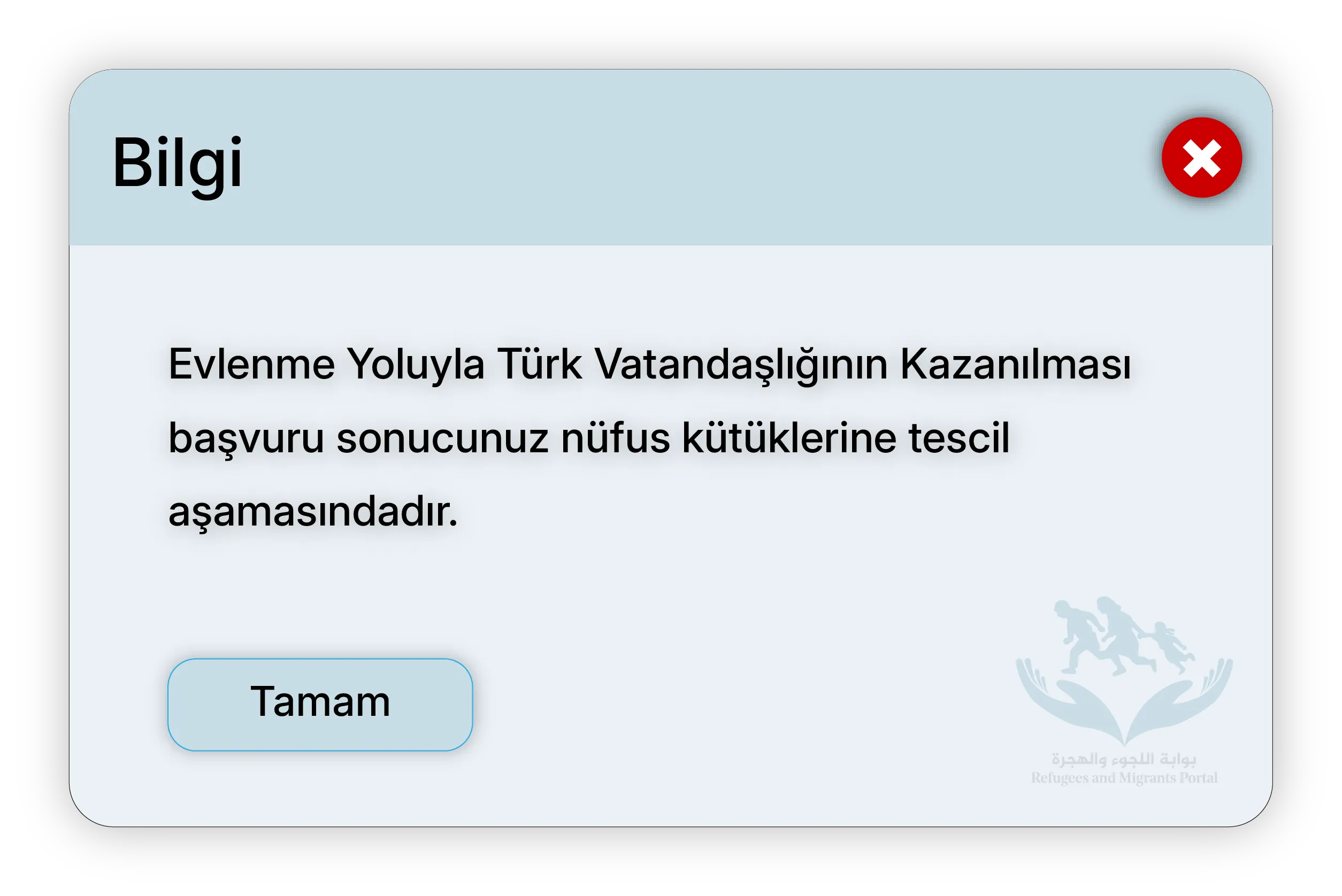 Evlenme Yoluyla Türk Vatandaşlığının Kazanılması başvuru sonucunuz nüfus kütüklerine tescil aşamasındadır.