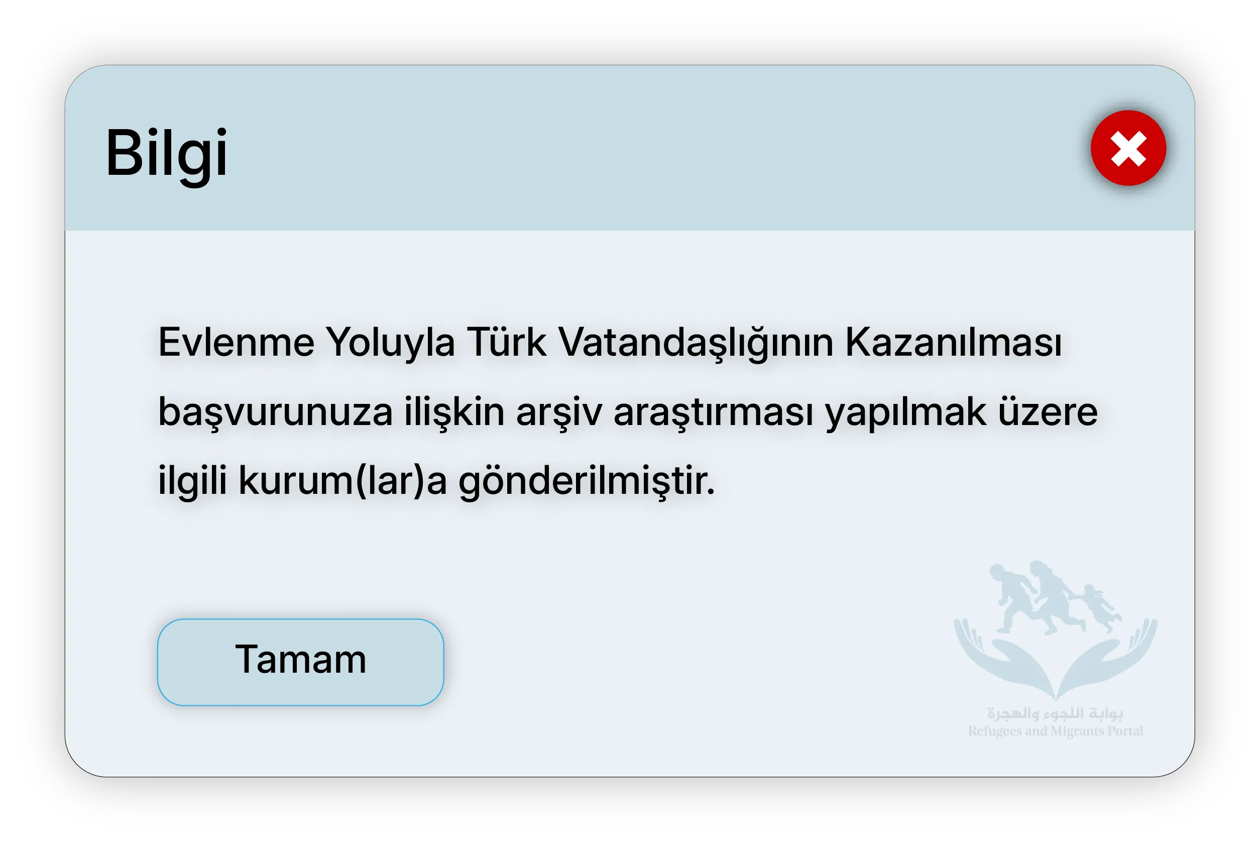 Evlenme Yoluyla Türk Vatandaşlığının Kazanılması başvurunuza ilişkin arşiv araştırması yapılmak üzere ilgili kurum(lar)a gönderilmiştir.